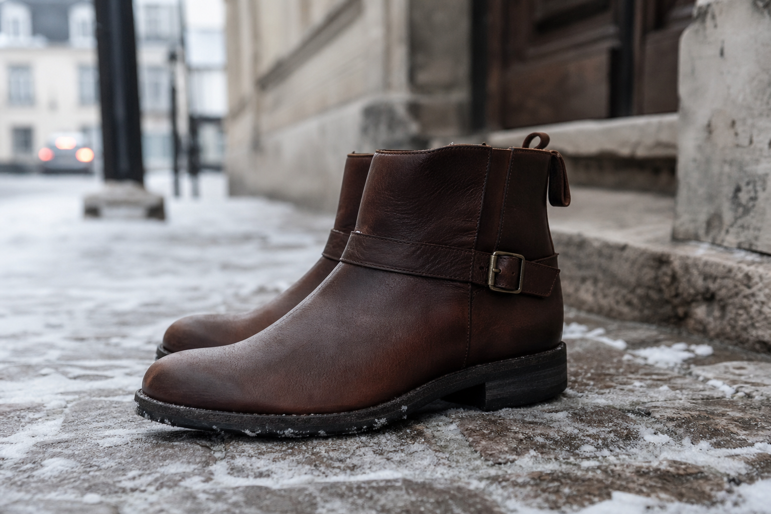 Paire de bottines homme en cuir marron posées sur un trottoir enneigé en hiver