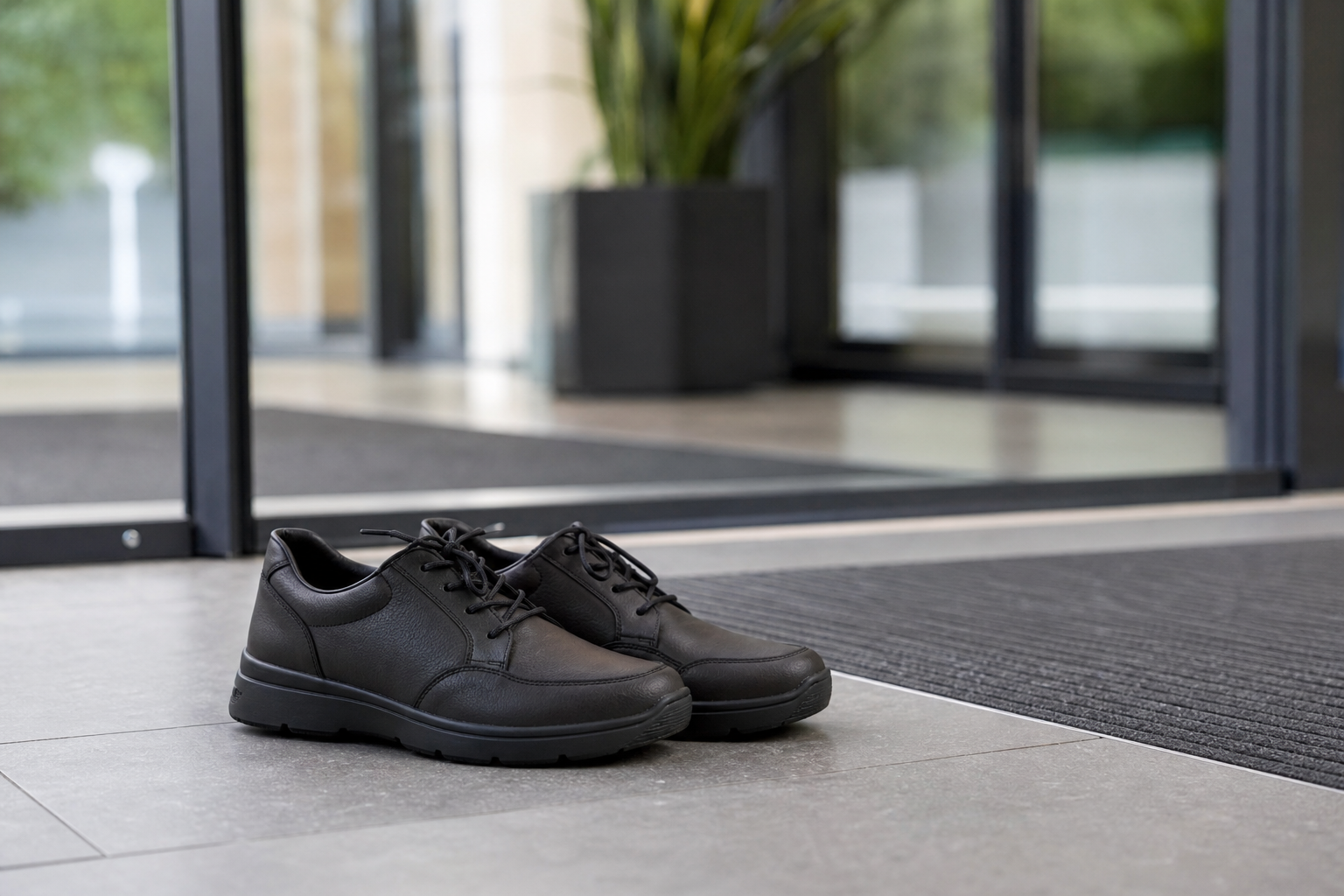 Chaussures de sécurité noires discrètes et confortables, posées près d'un uniforme d'agent de sécurité