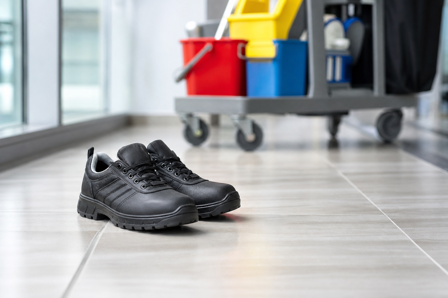 Chaussures de travail antidérapantes et légères, posées près d'un chariot de nettoyage professionnel
