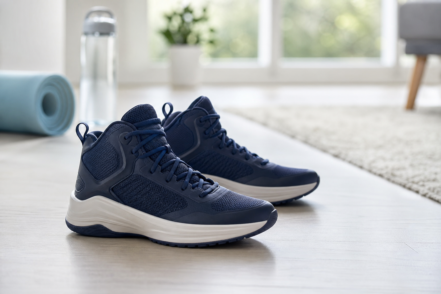 Chaussures de sport à tige mi-haute avec bon maintien de la cheville, posées sur un sol clair