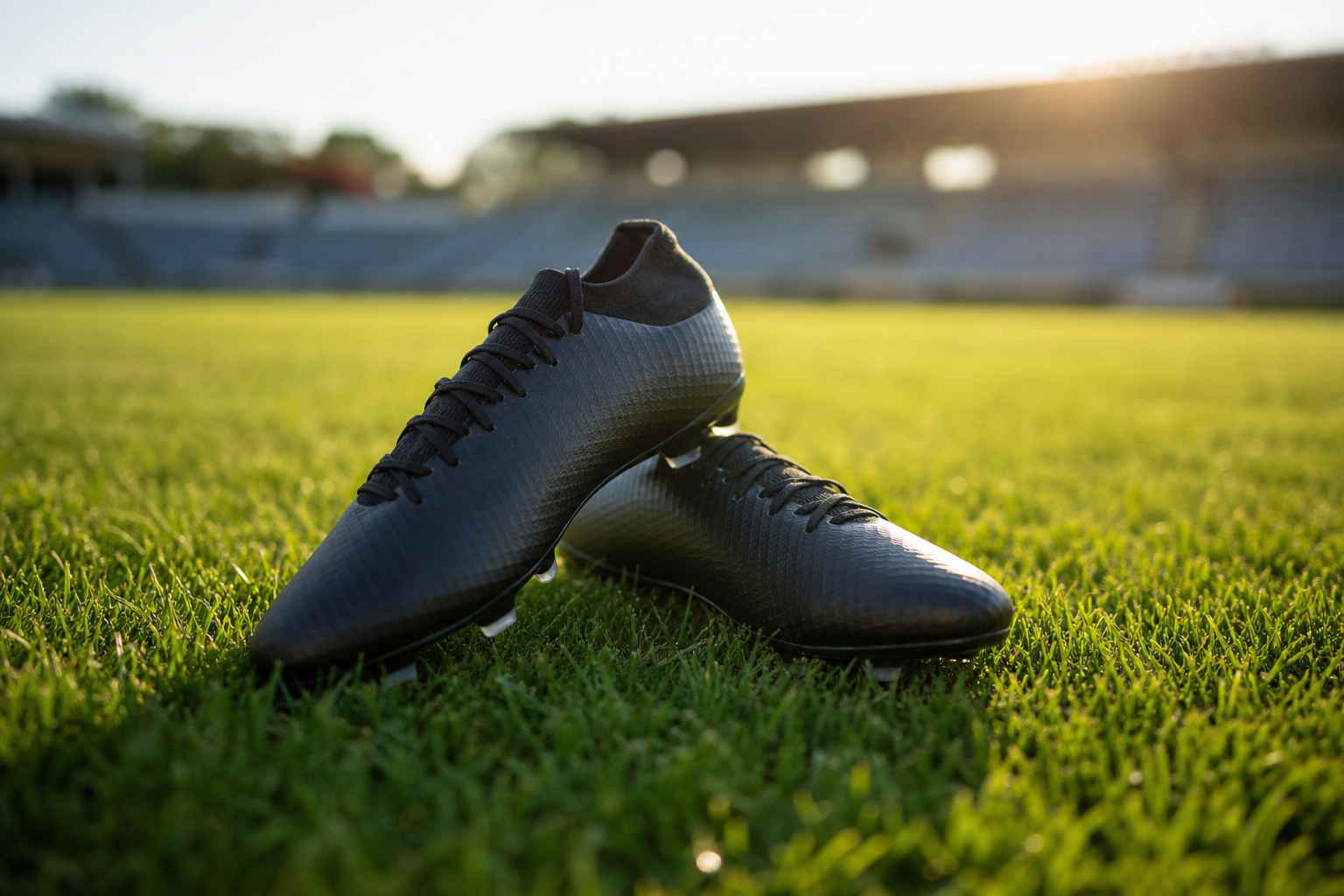 Chaussures légères type running crampons sur un terrain de football, sous un ciel dégagé