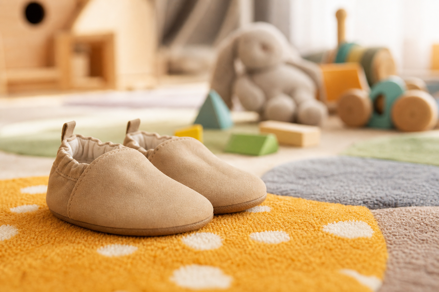 Chaussures souples et confortables posées près de jouets d'enfant sur un tapis de jeu