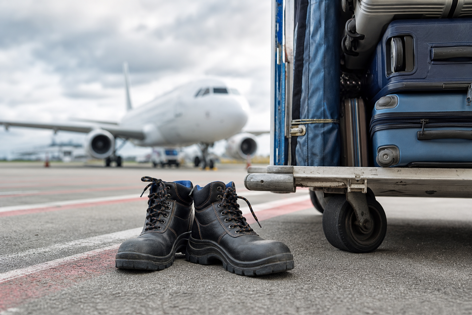 Chaussures de sécurité robustes posées sur le tarmac près de bagages et d'un chariot aéroportuaire