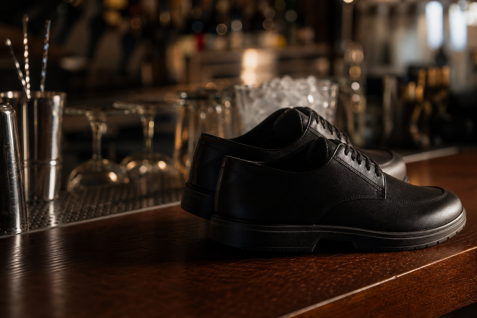 Chaussures noires élégantes et antidérapantes posées près d'un comptoir de bar en bois