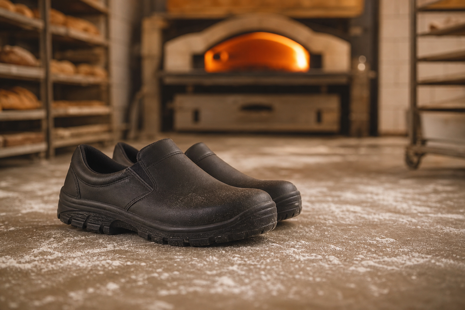 Chaussures de travail antidérapantes et résistantes à la chaleur posées sur le sol d'un fournil