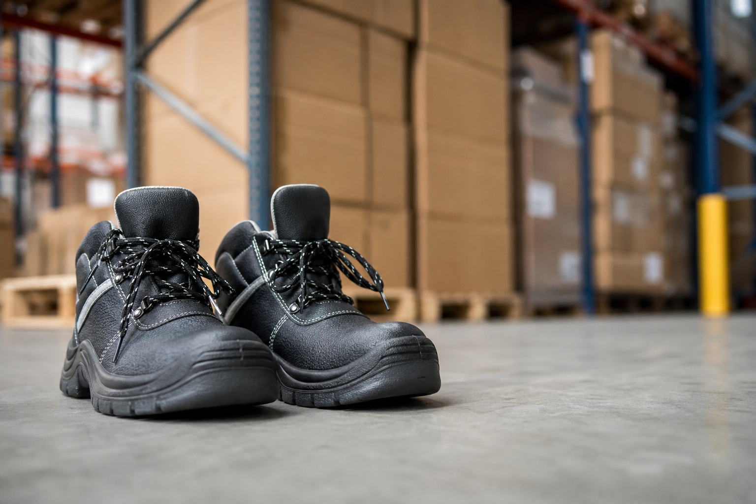 Chaussures de sécurité robustes à embout renforcé, posées près de cartons de déménagement dans un entrepôt