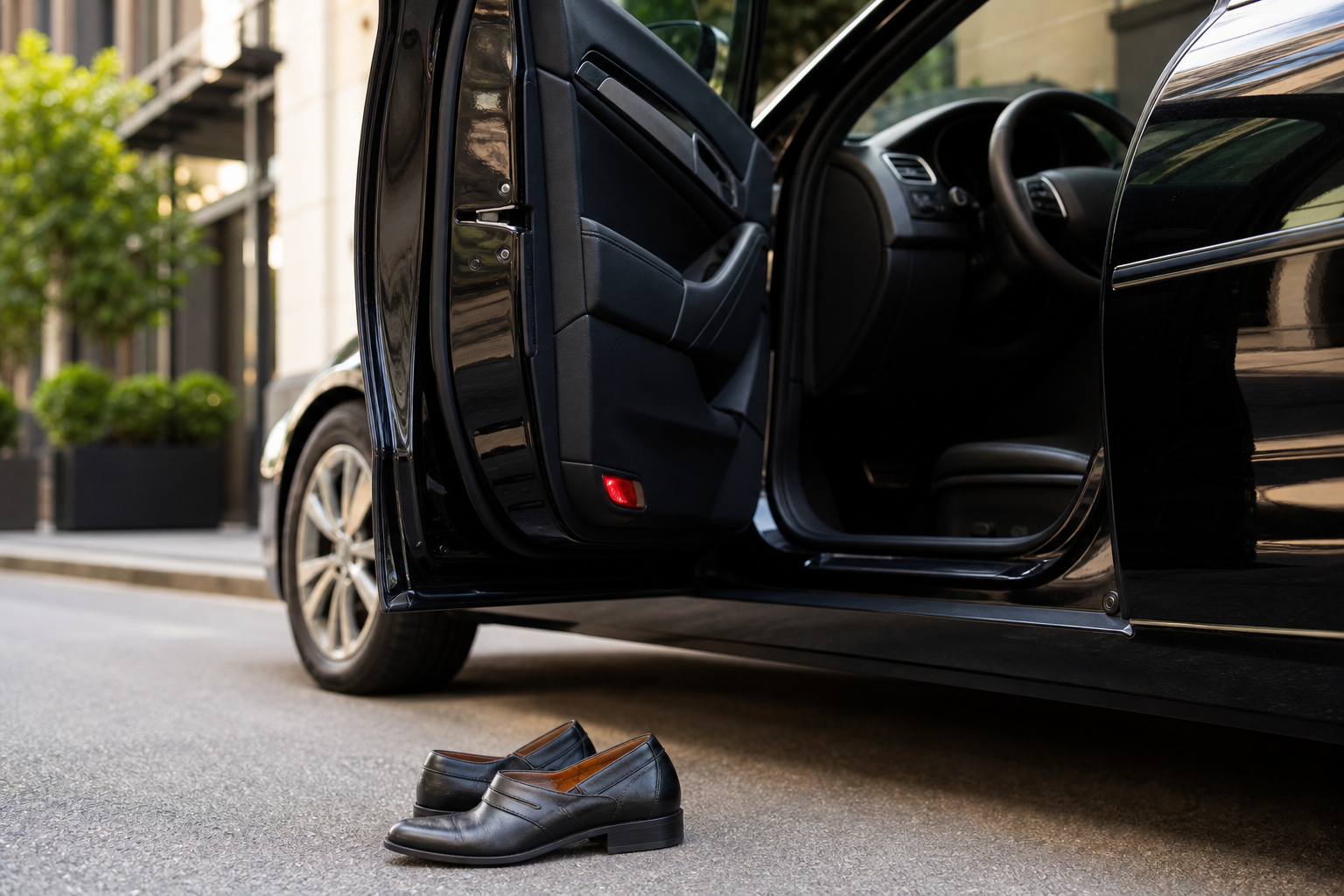 Chaussures sobres et confortables posées près d'une portière de voiture professionnelle