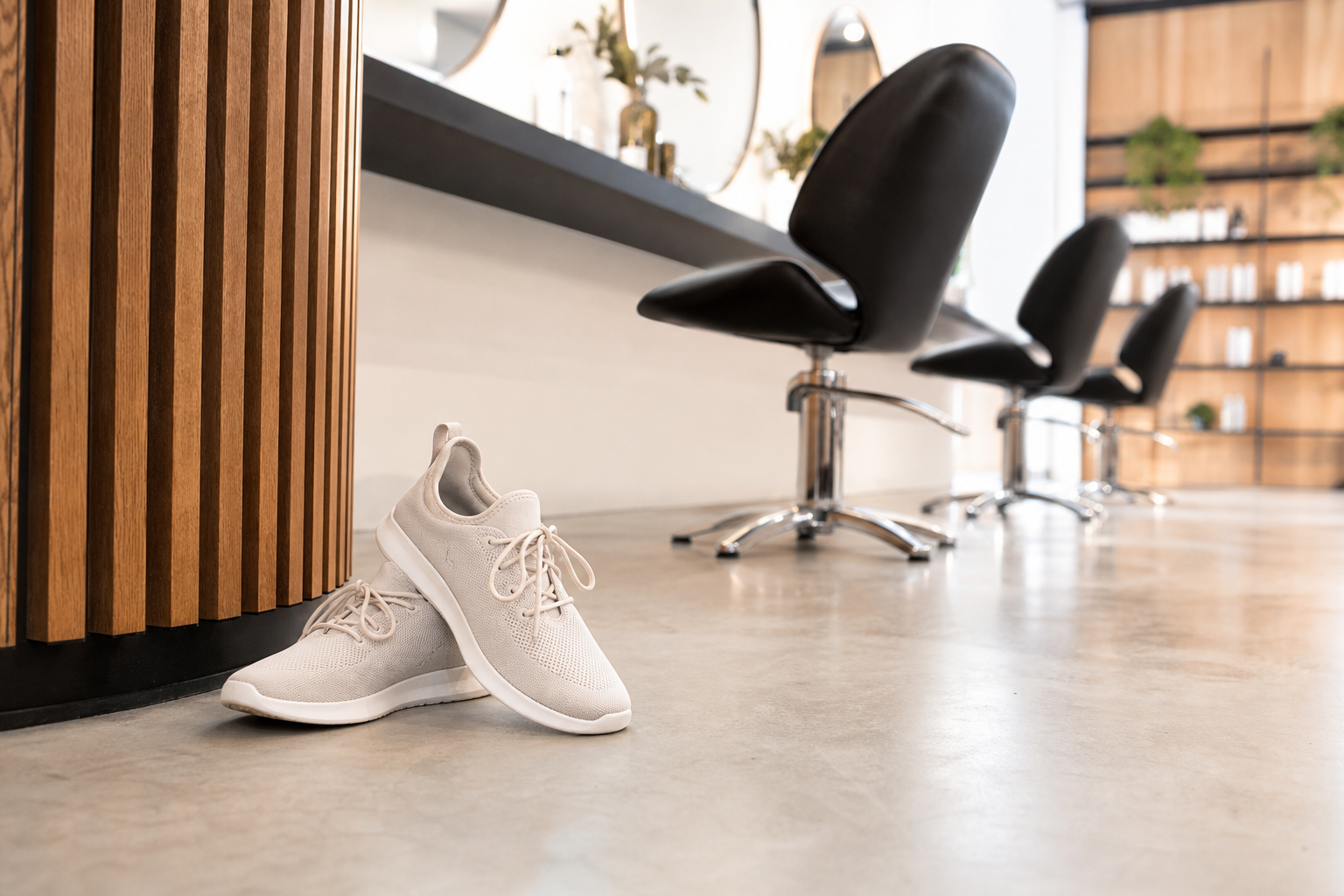 Chaussures confortables et légères posées au sol d'un salon de coiffure