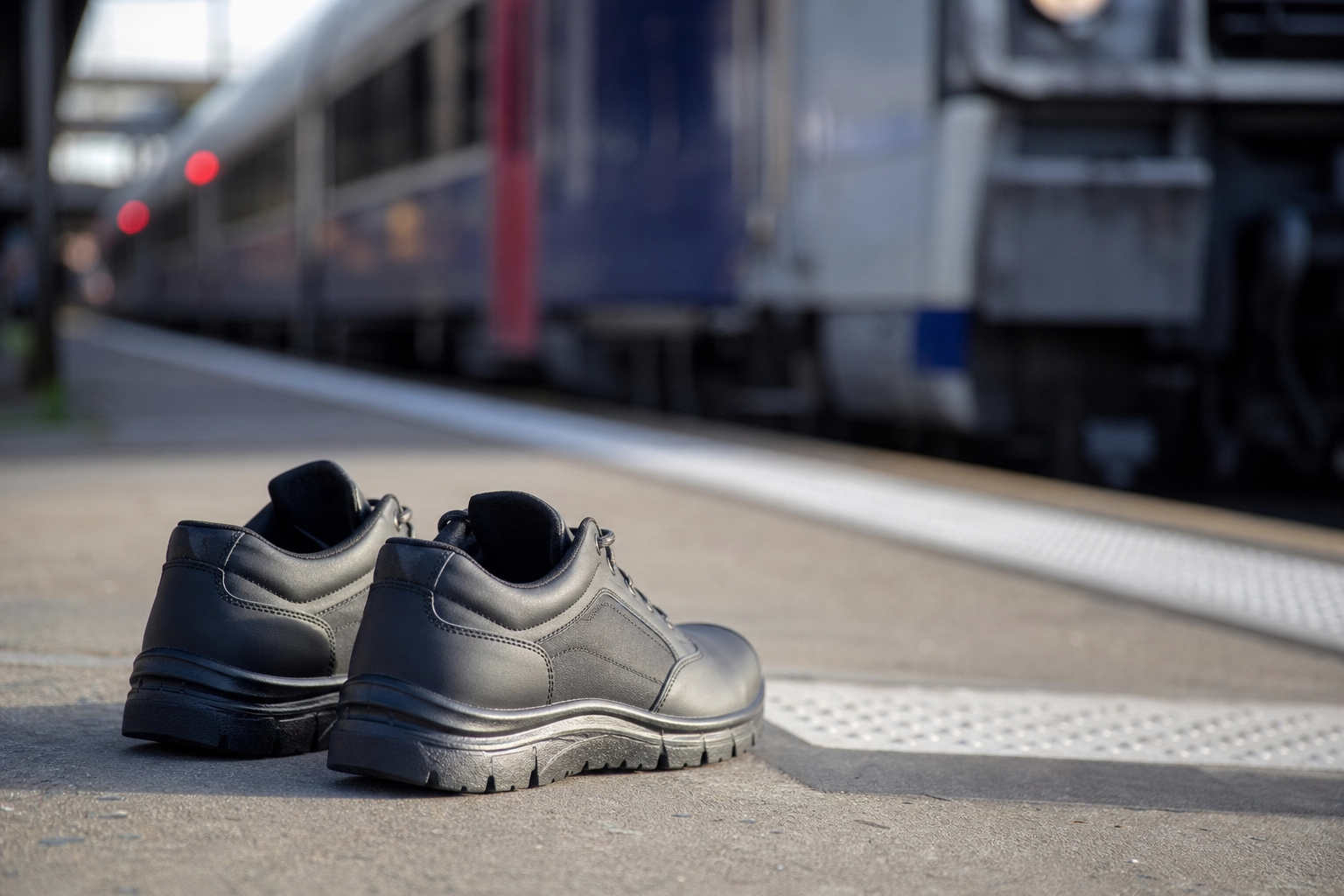 Chaussures sobres et confortables posées sur un quai de gare près d'un train