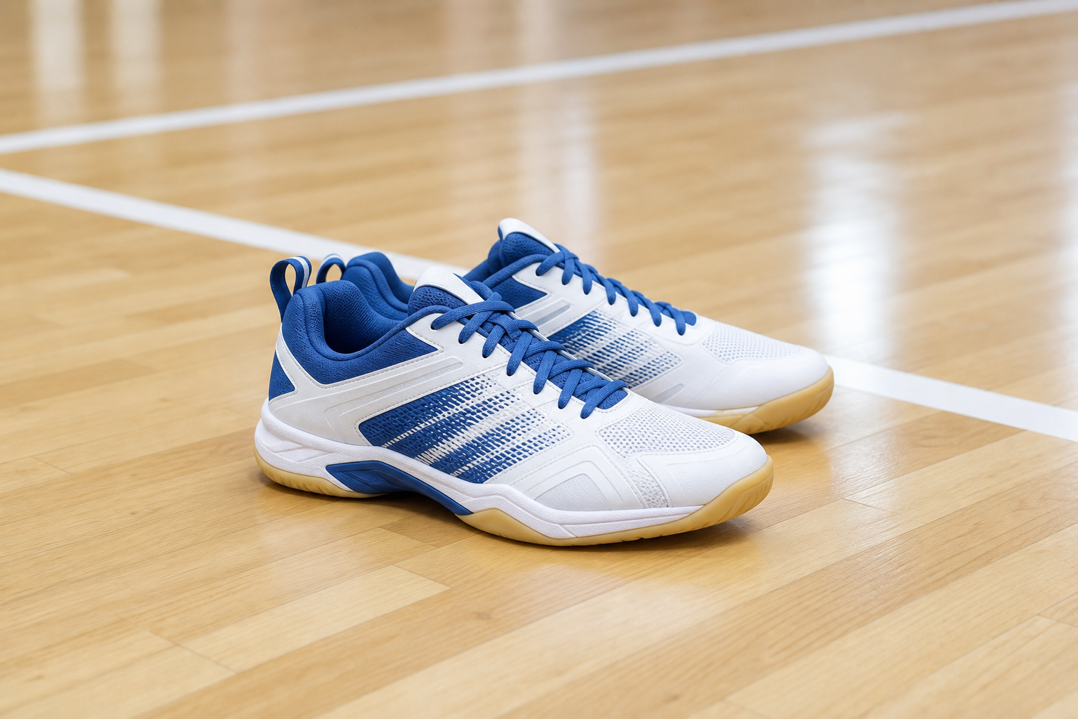 Chaussures de badminton basses et légères à semelle en gomme claire posées sur un terrain de salle