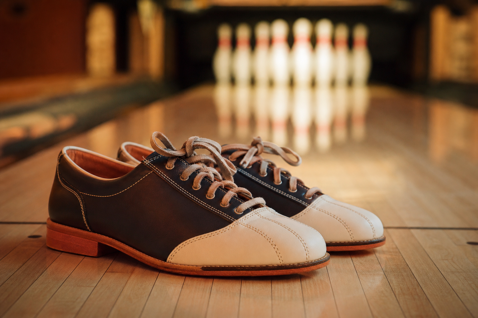 Paire de chaussures de bowling classiques posées au bord d'une piste, semelles visibles