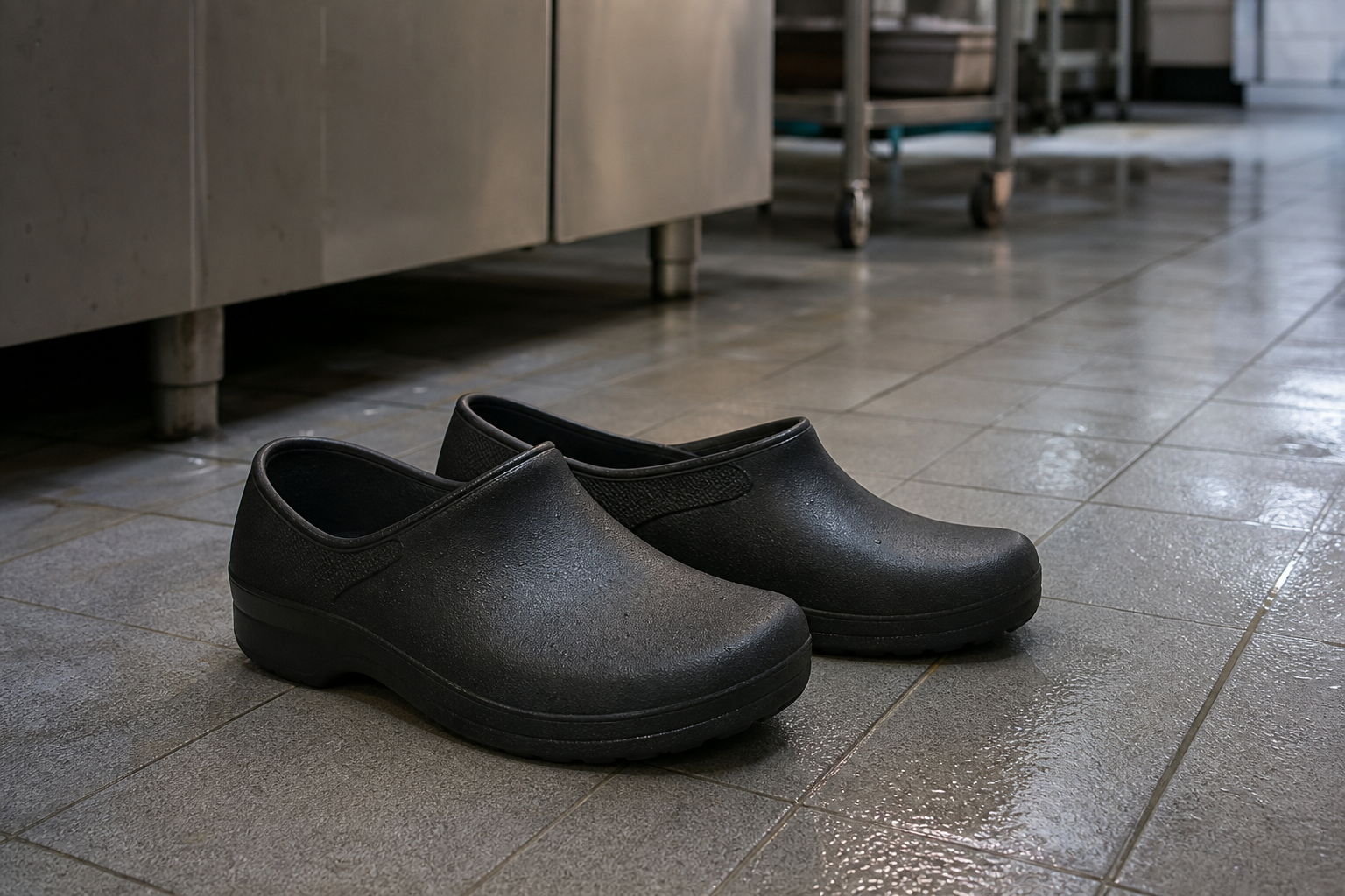 Chaussures de cuisine professionnelles noires posées au sol d'une cuisine de restaurant