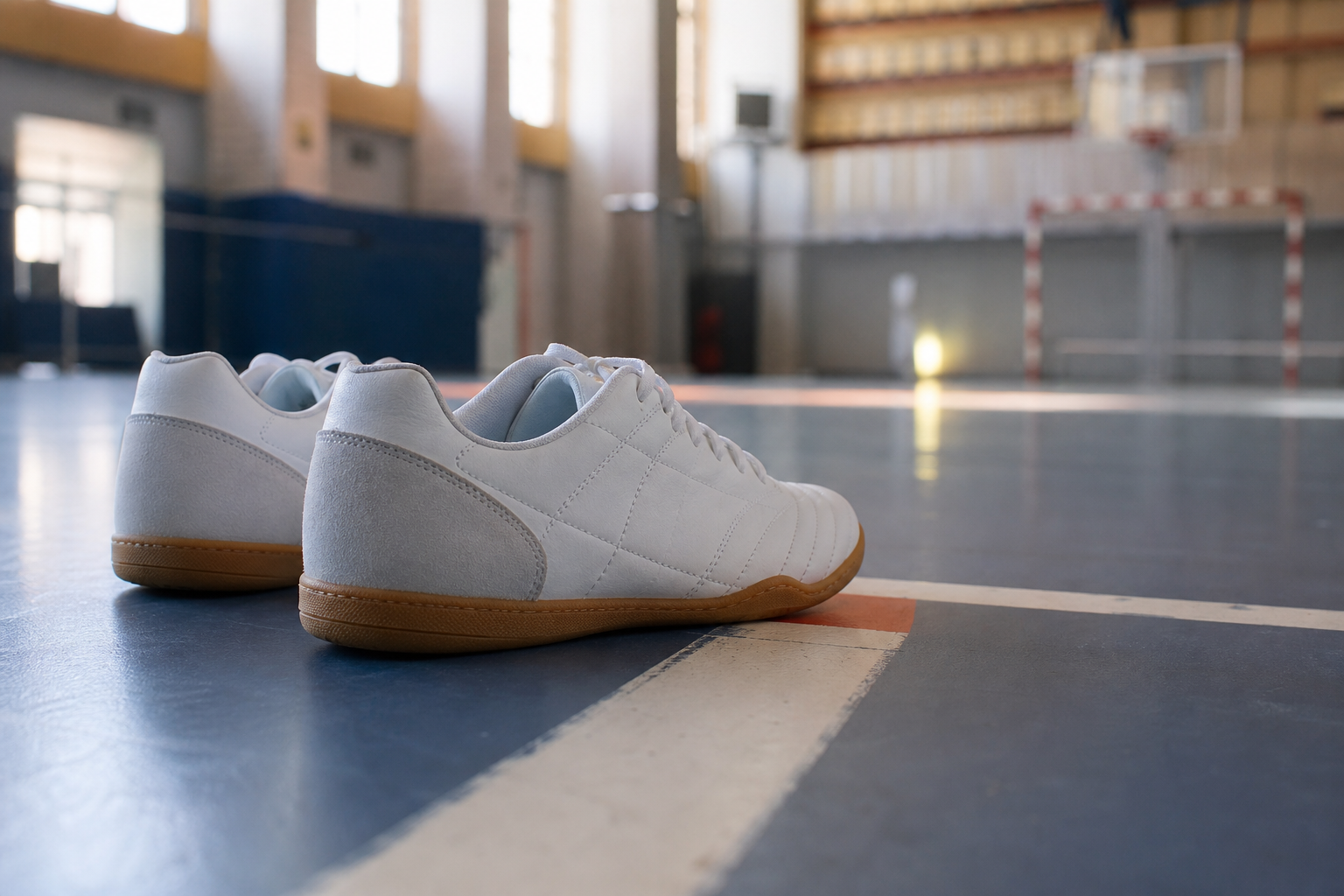 Chaussures de futsal à semelle plate posées sur un terrain de foot en salle