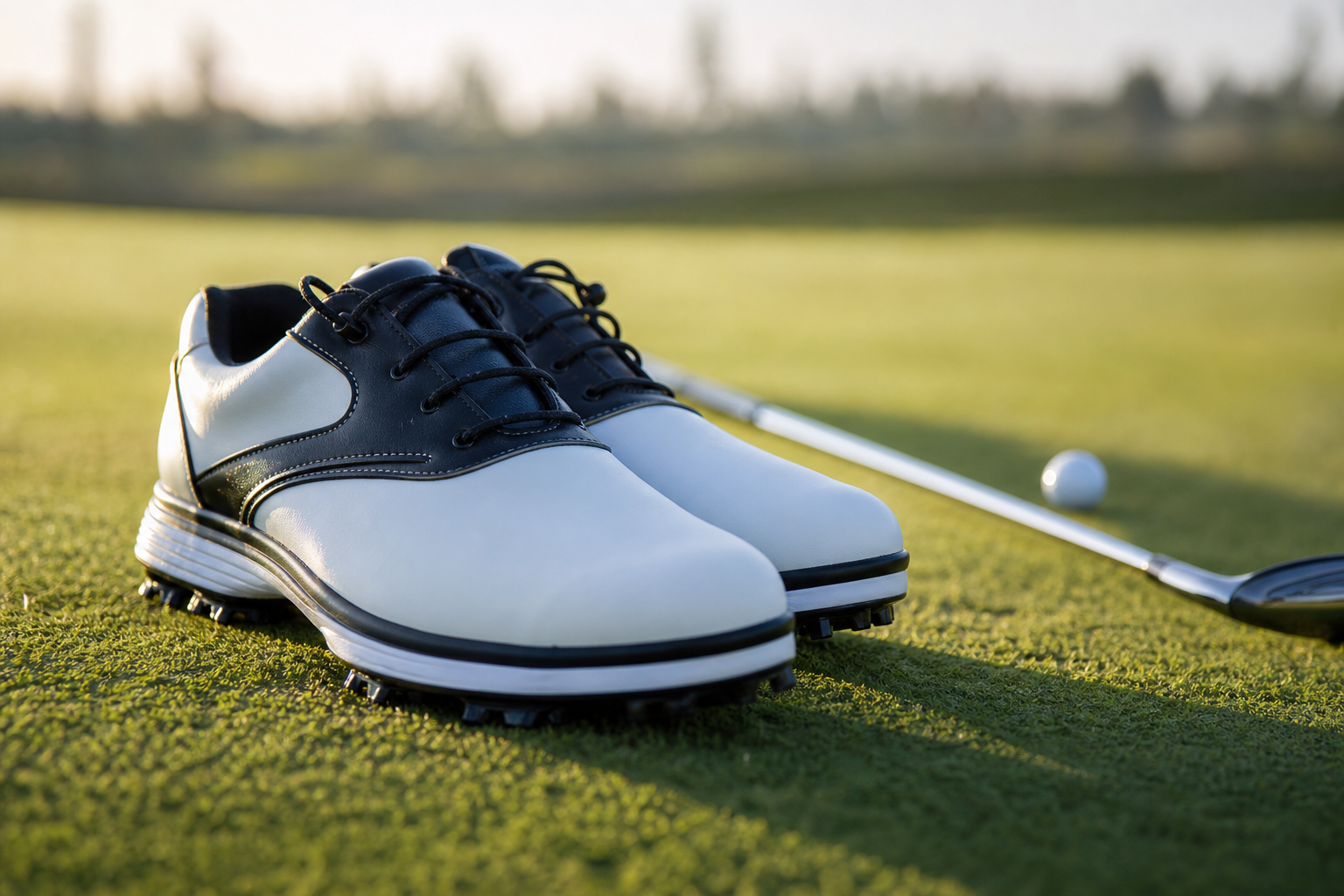 Une paire de chaussures de golf posée sur un green, avec des clubs de golf en arrière-plan