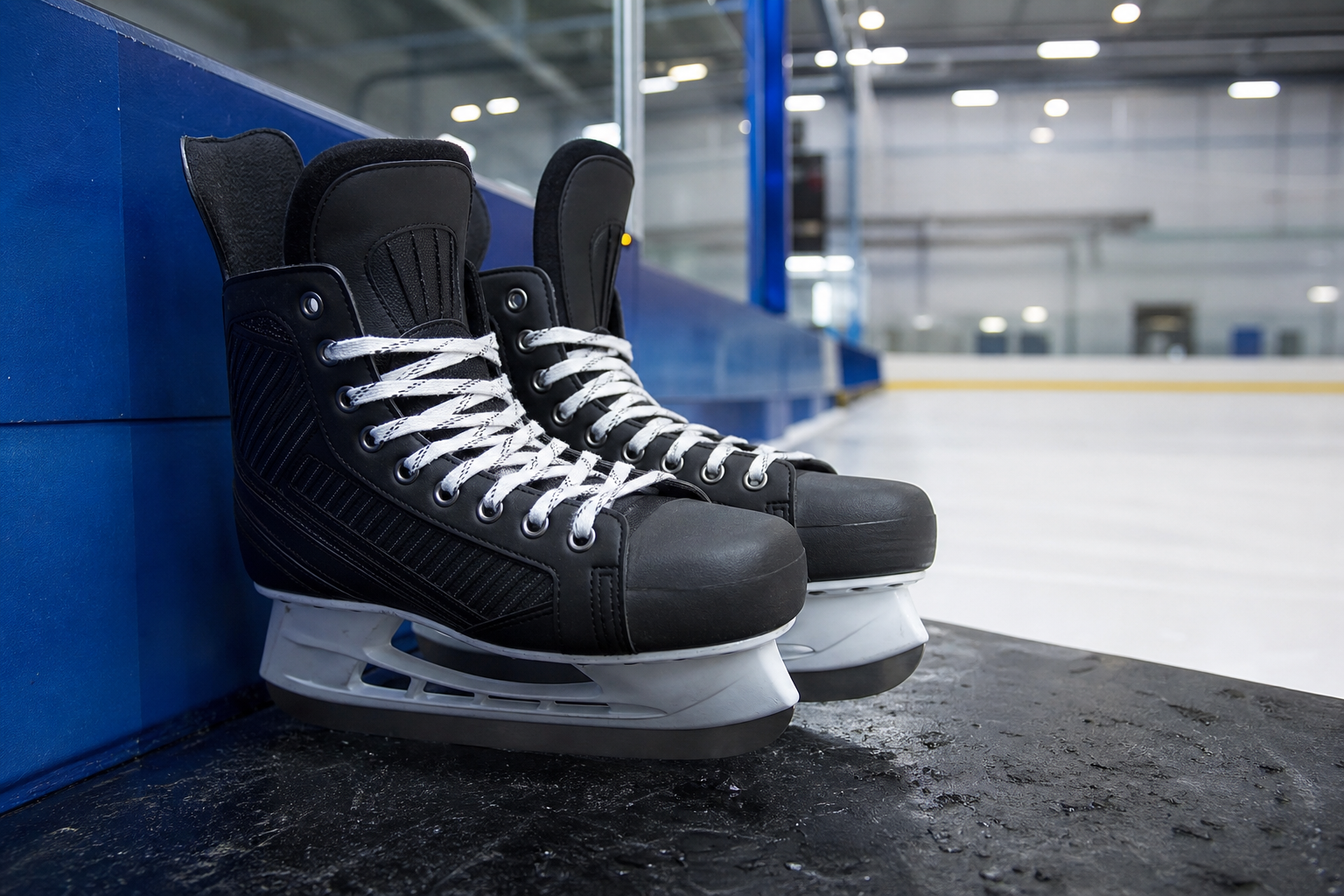 Paire de patins de hockey sur glace noirs posés au bord d'une patinoire