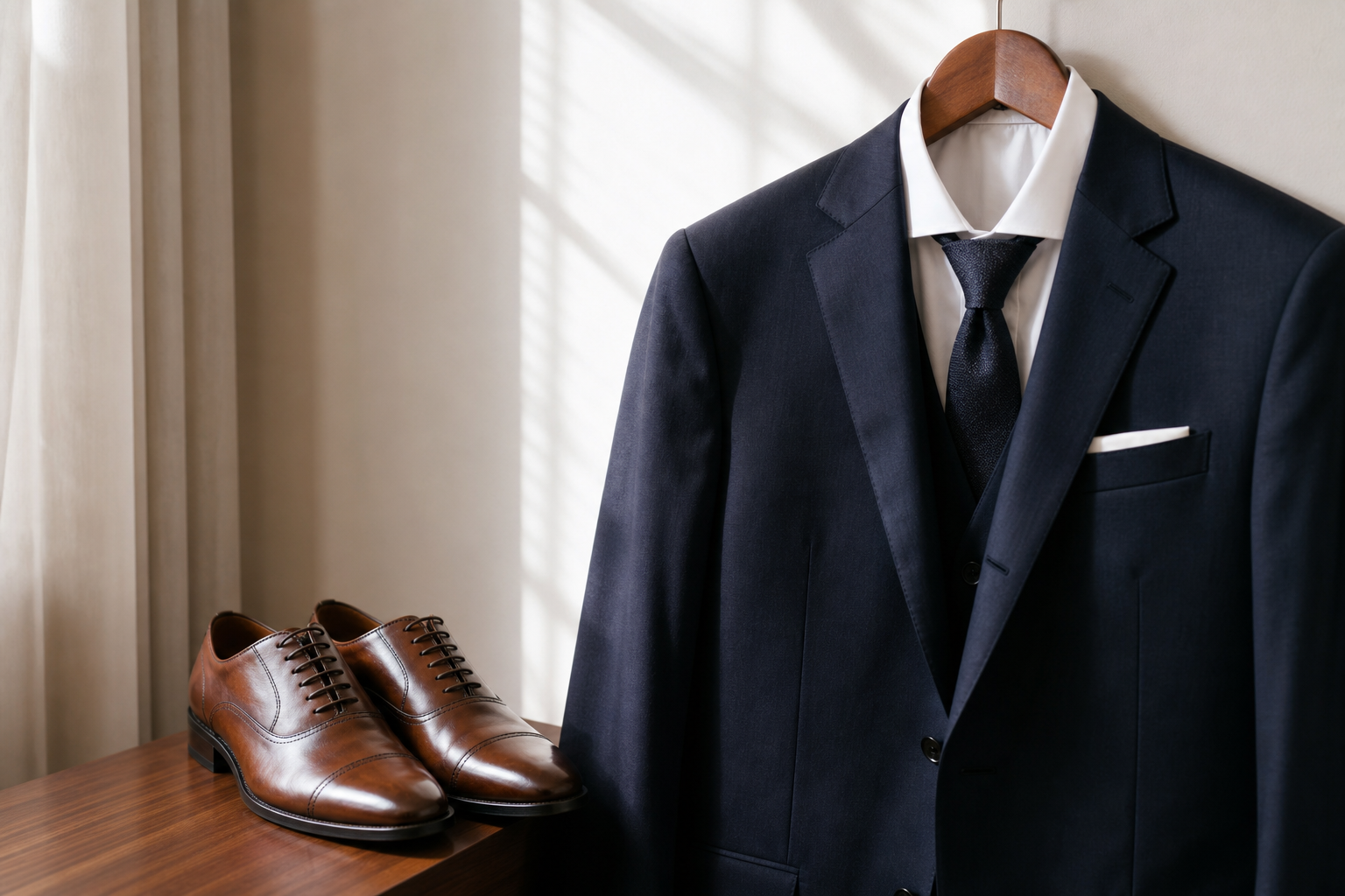 Chaussures habillées en cuir posées près d'un costume de mariage pour homme
