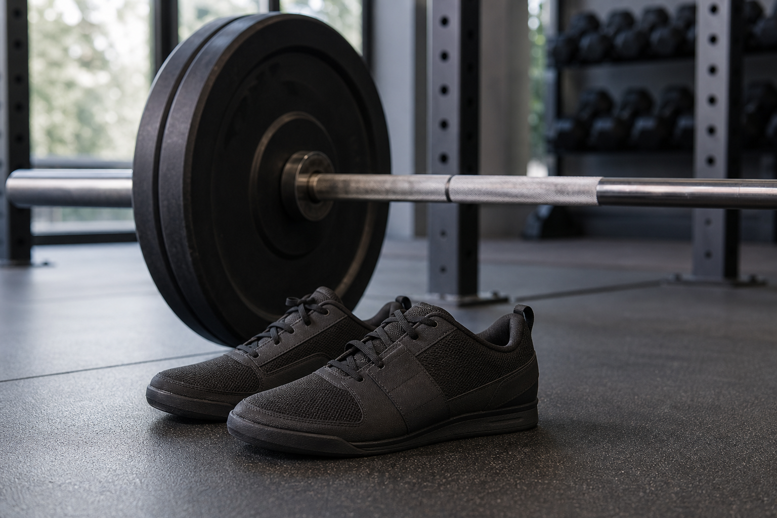 Chaussures de musculation à semelle plate posées près d'une barre de squat en salle de sport