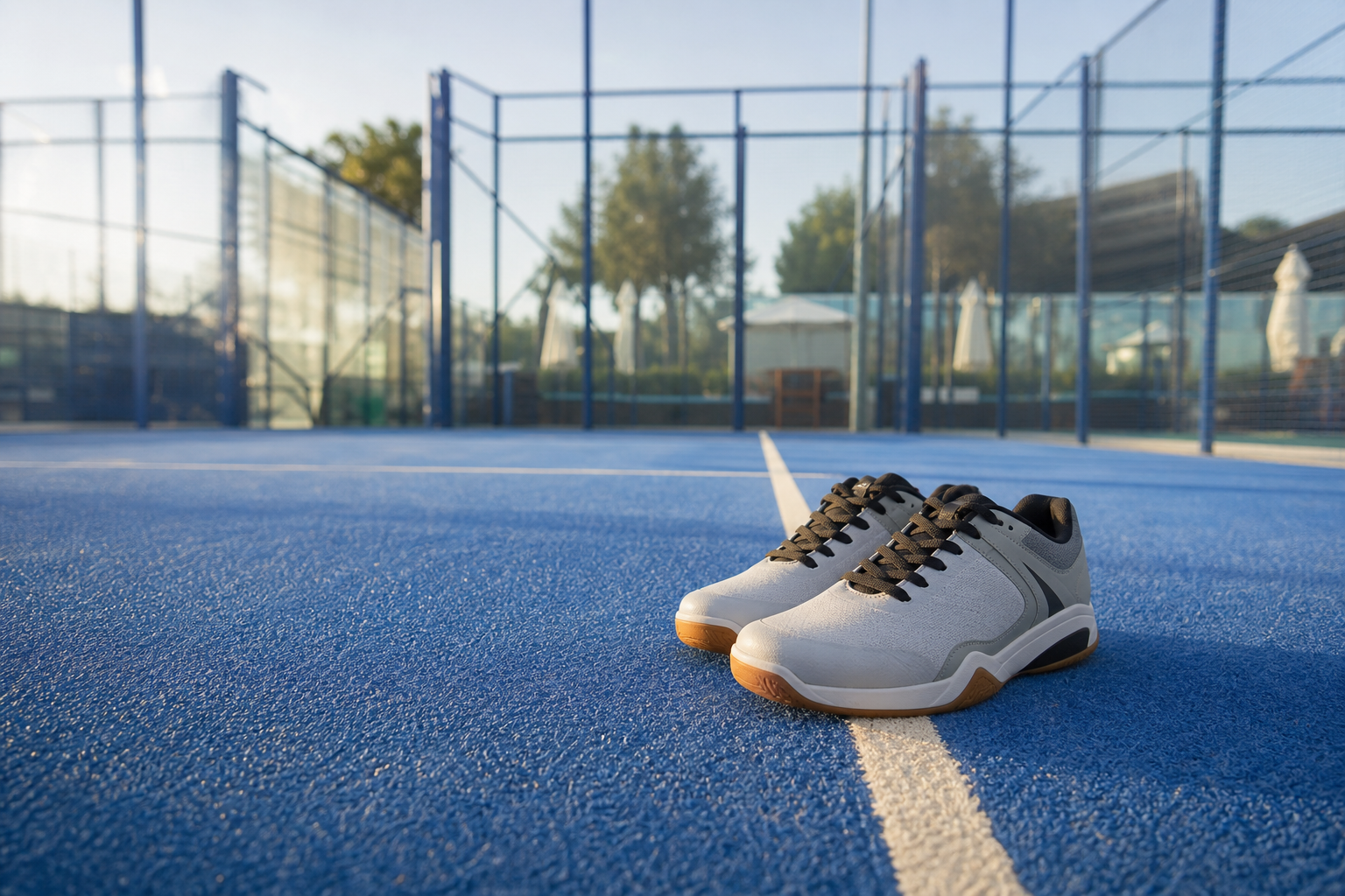 Chaussures de padel à semelle gomme posées sur un court de padel synthétique bleu