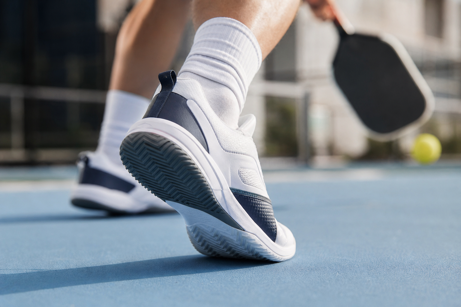 Chaussures de sport à semelle stable posées sur un terrain de pickleball extérieur