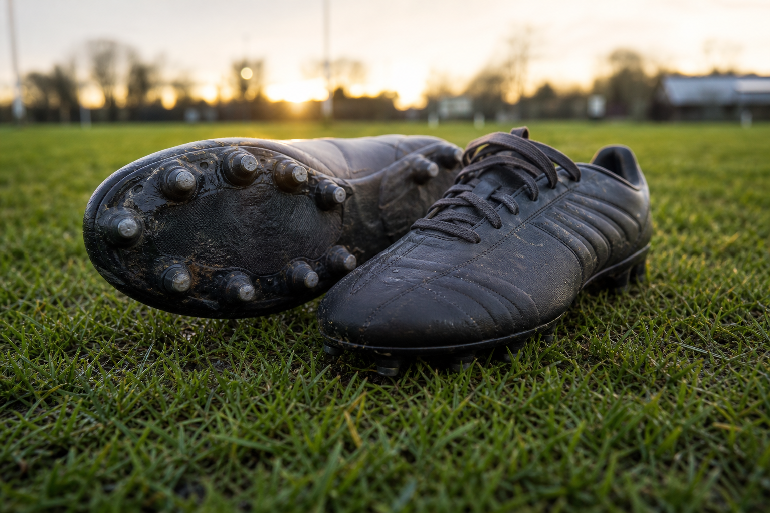 Chaussures de rugby à crampons posées sur une pelouse avant un match