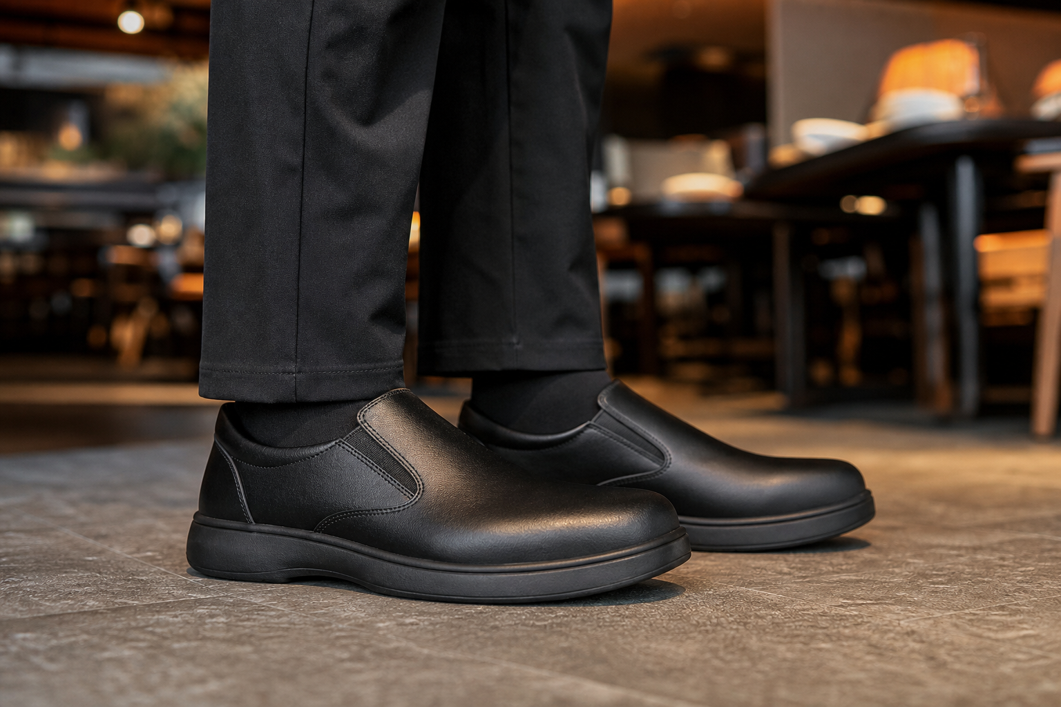Chaussures noires élégantes et confortables de serveur posées dans un restaurant