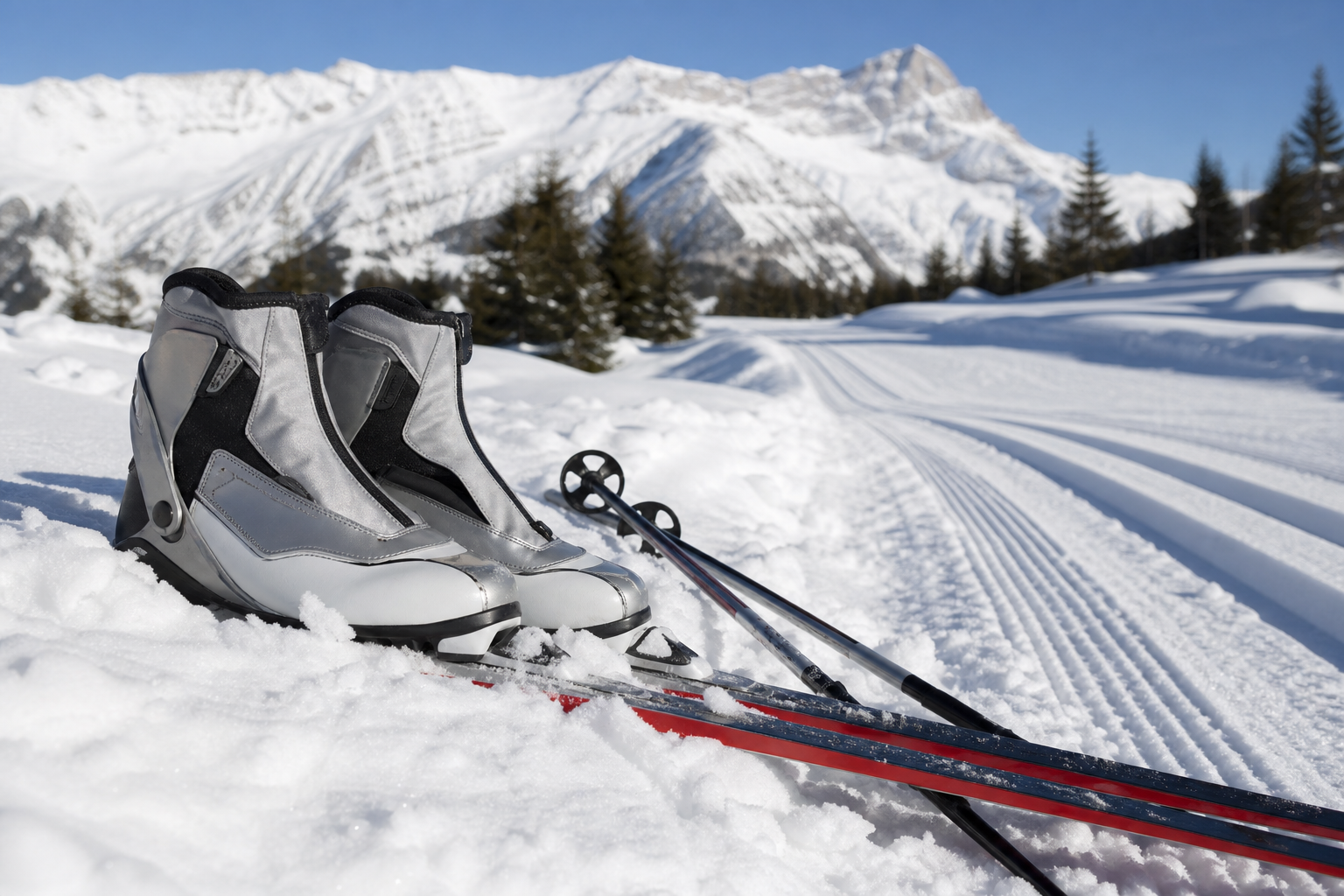 Paire de chaussures de ski de fond posée dans la neige au bord d'une piste damée