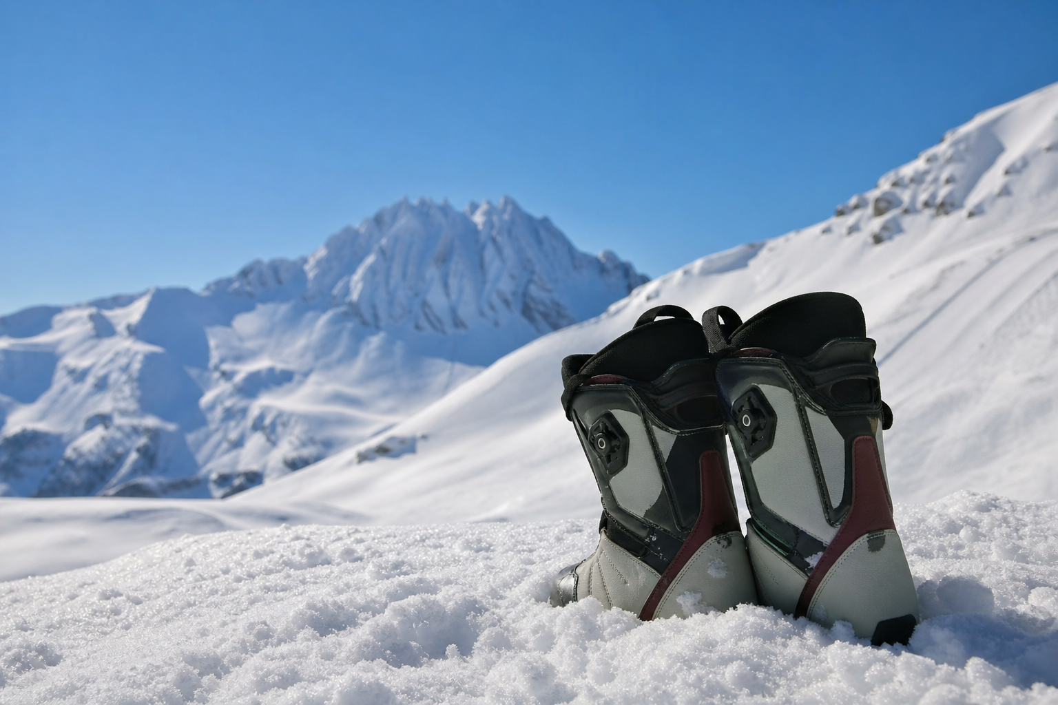 Paire de chaussures de snowboard posées dans la neige au pied d'une planche