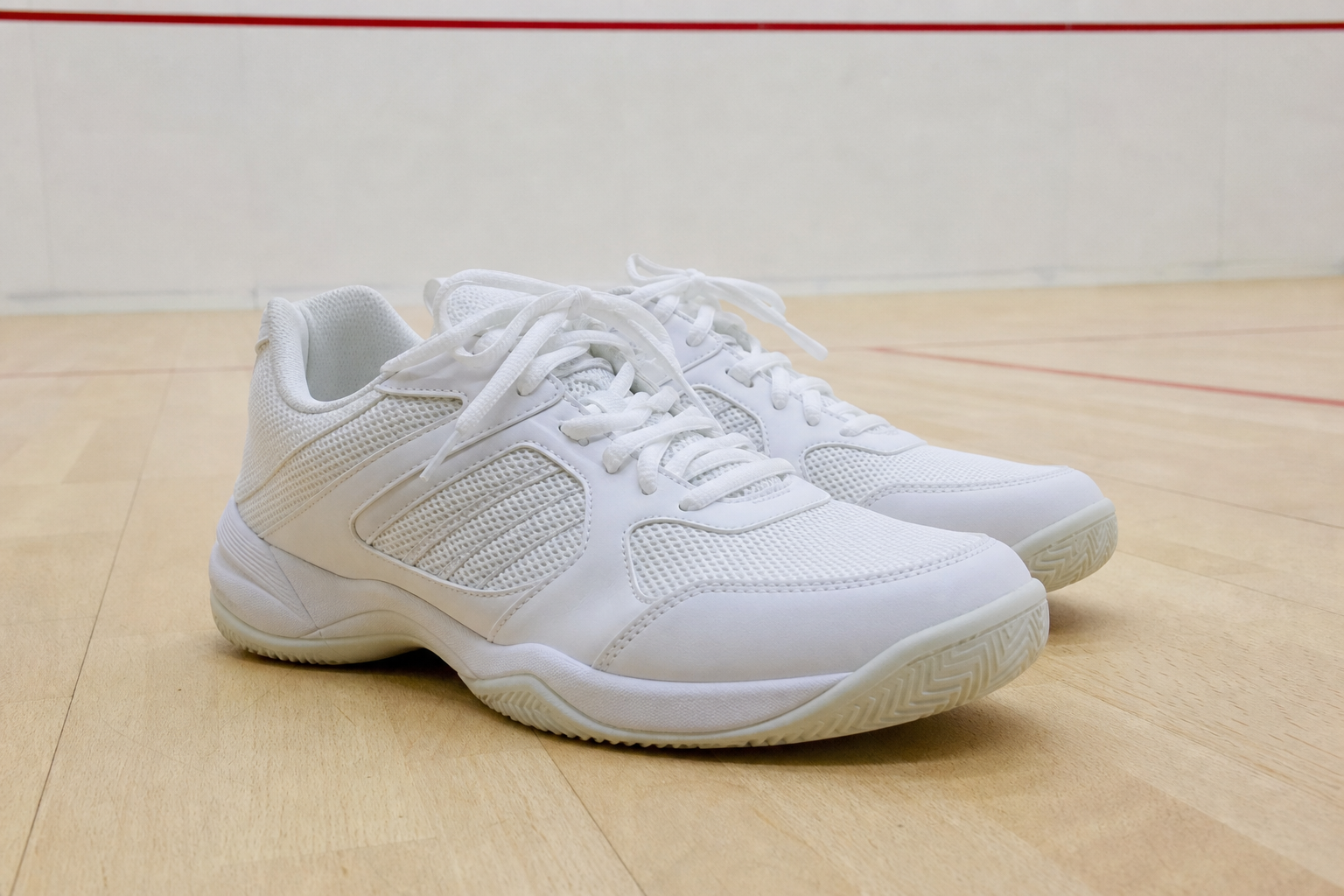 Chaussures de squash blanches à semelle non marquante sur un sol de salle de sport