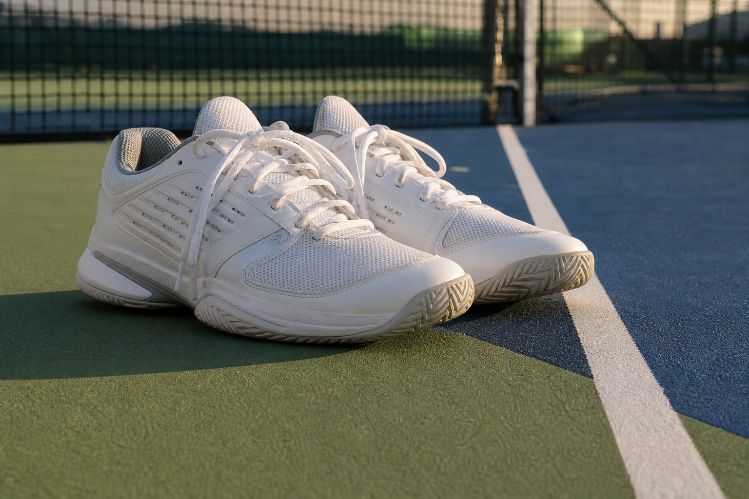 Chaussures de tennis à semelle renforcée posées sur un court dur bleu et vert