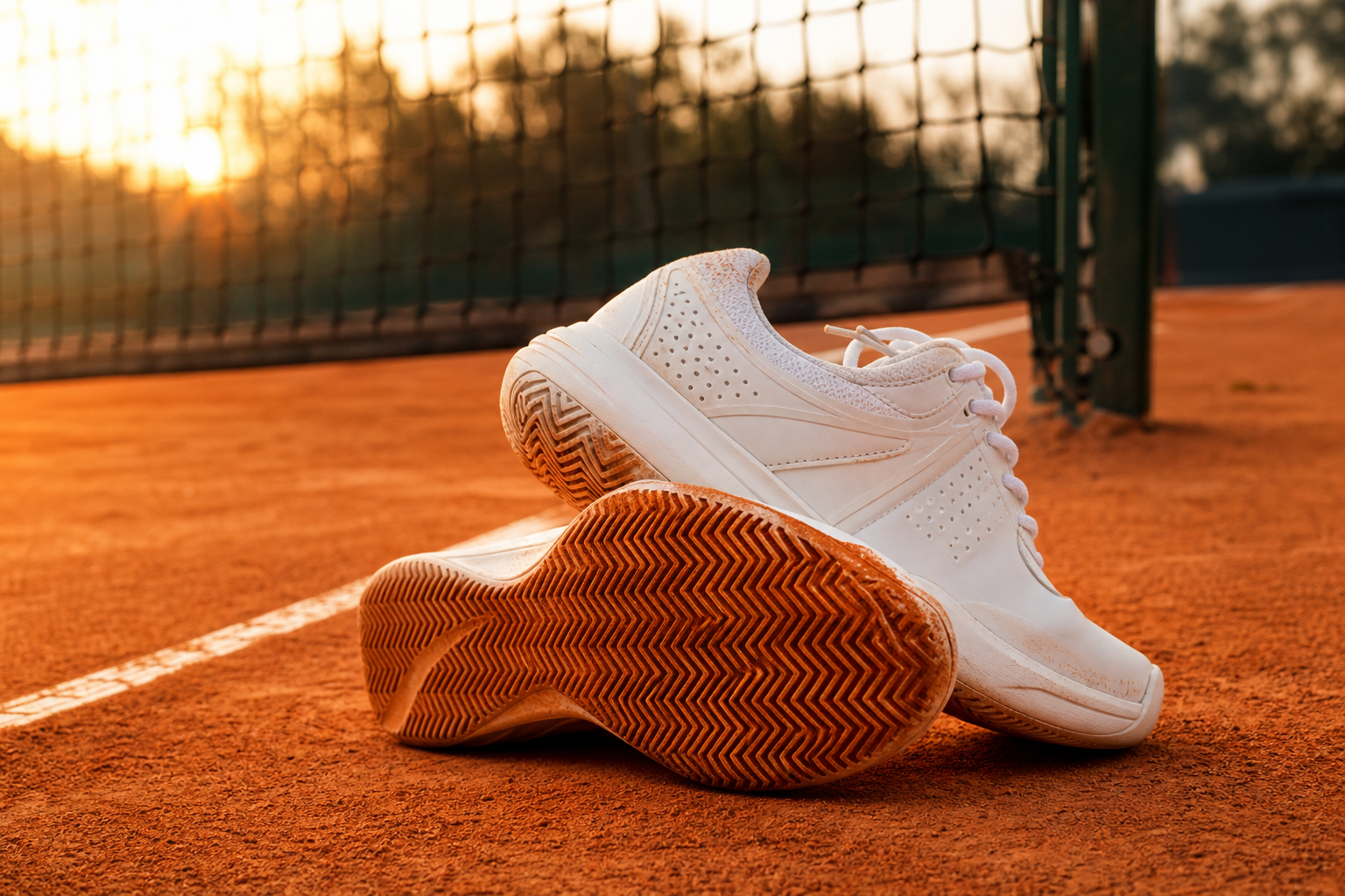 Chaussures de tennis à semelle chevrons posées sur un court en terre battue orangée