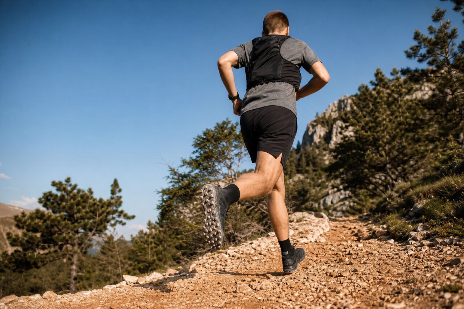 Coureur de trail portant des chaussures à crampons sur un sentier de montagne caillouteux