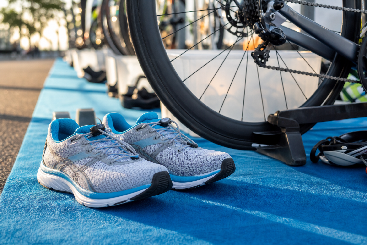 Chaussures de running de triathlon avec lacets élastiques posées près d'un vélo