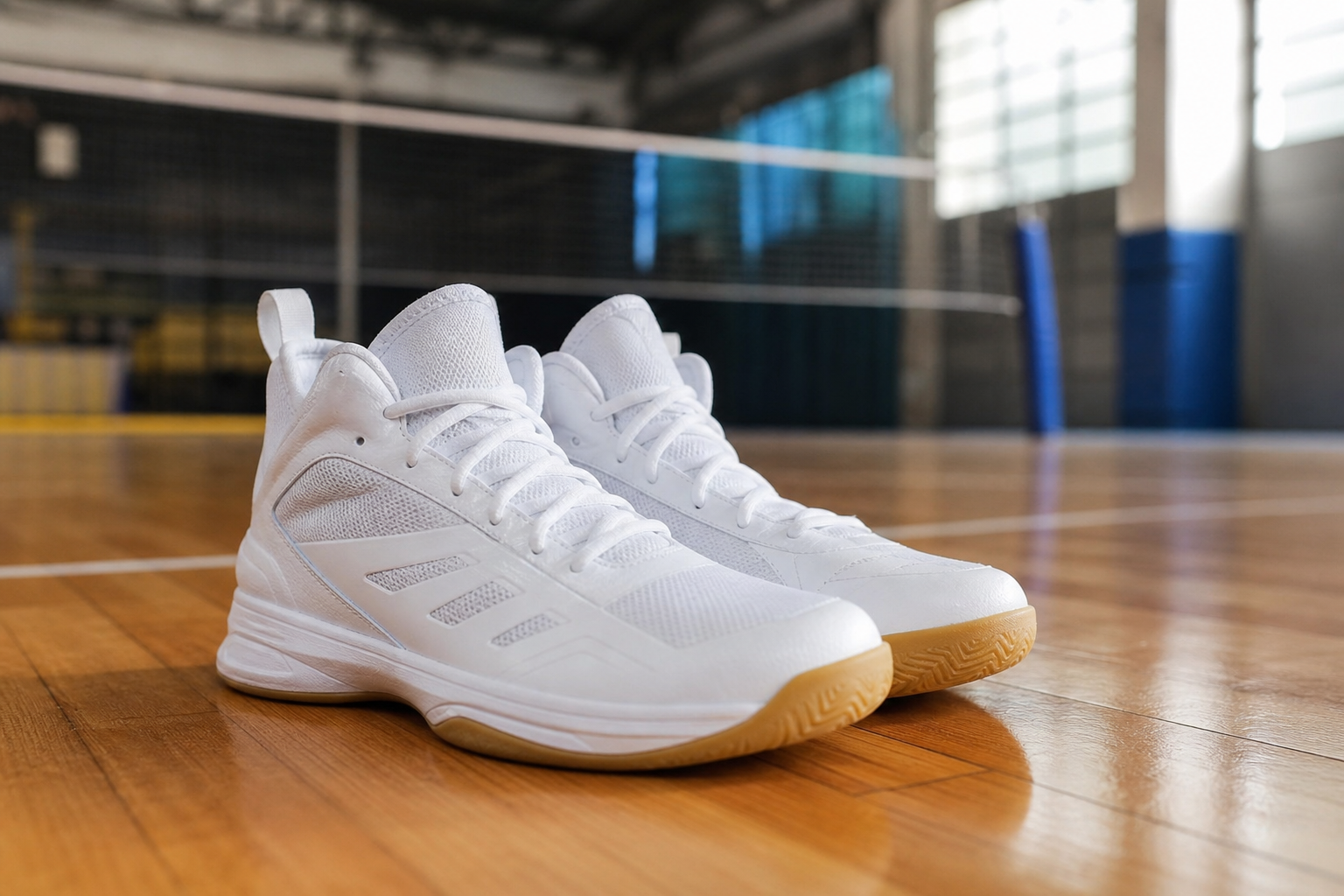 Chaussures de volleyball montantes à semelle en gomme claire sur un parquet de salle de sport