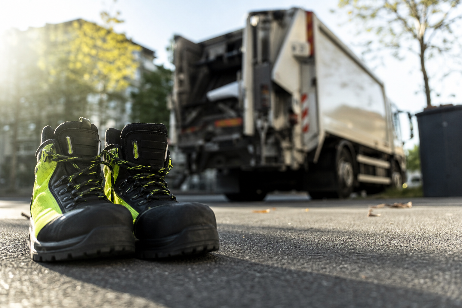 Chaussures de sécurité robustes et hautes visibilité posées près d'un camion de collecte des déchets