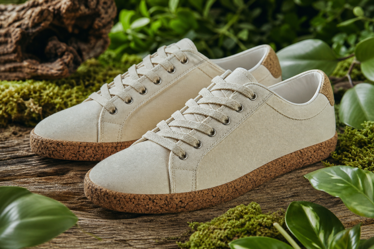 Sneakers éco-responsables en toile naturelle et semelle en liège, posées sur du bois et de la mousse