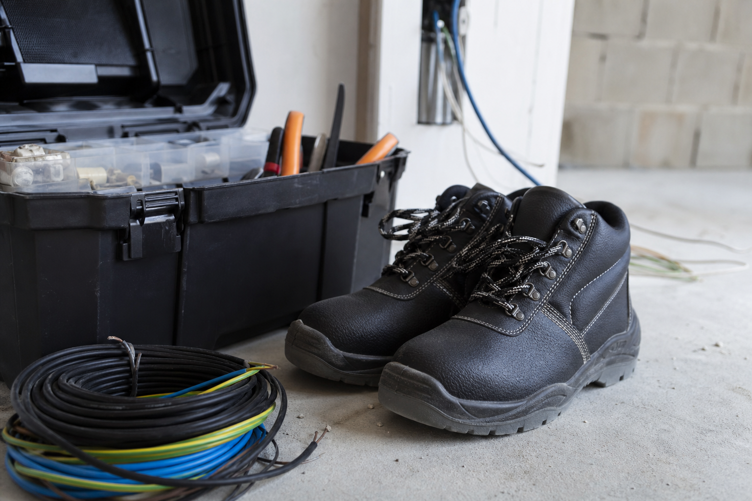 Chaussures de sécurité isolantes posées près d'une caisse à outils d'électricien sur un chantier