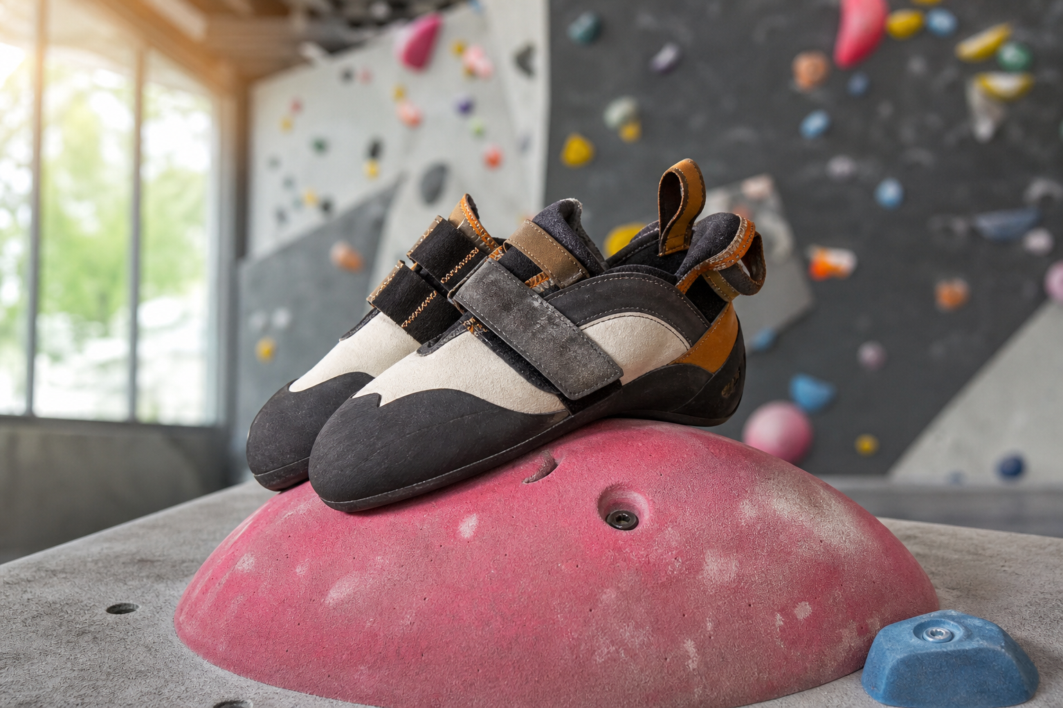 Chaussons d'escalade posés sur une prise de bloc en salle d'escalade