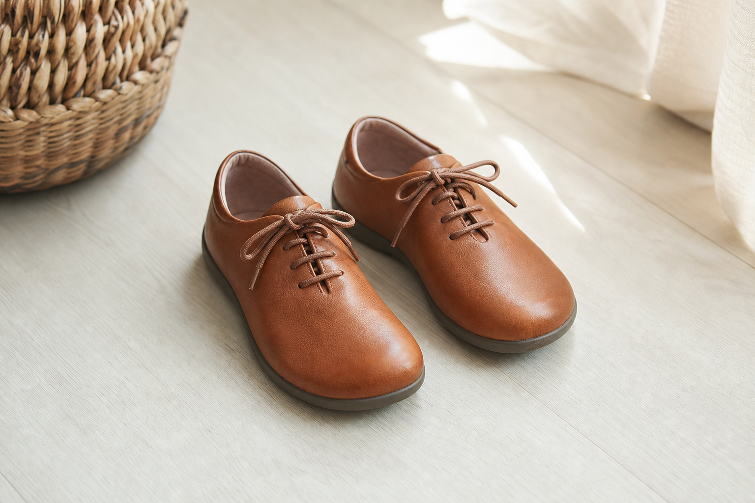 Chaussures confortables à bout large et semelle souple, posées sur un sol clair
