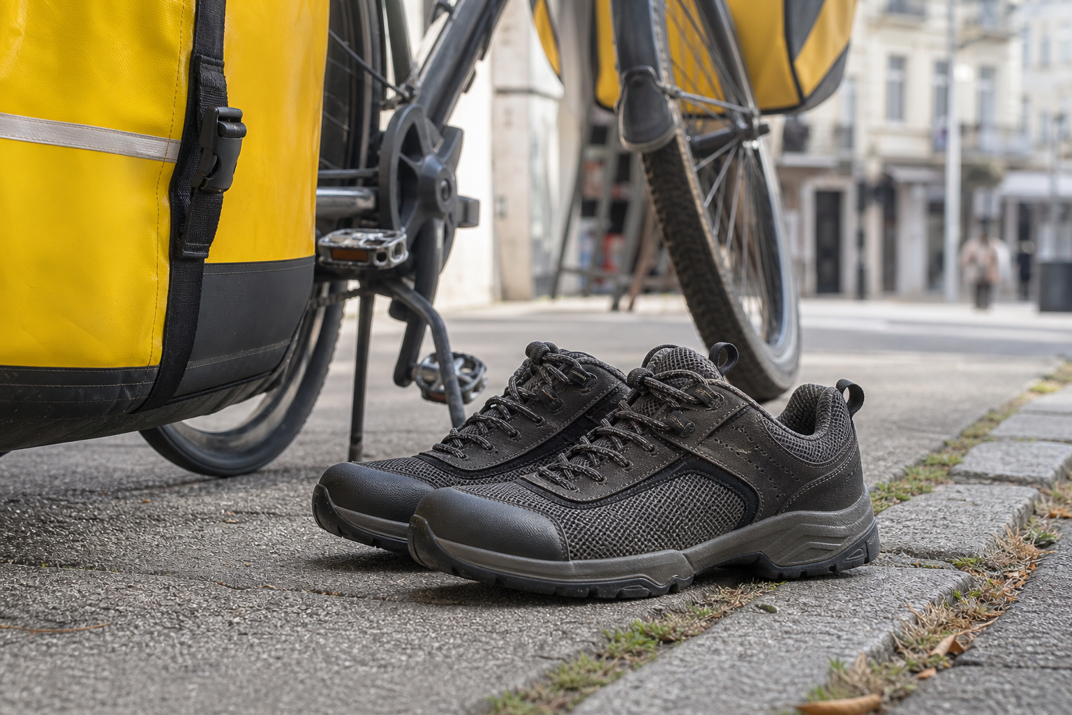 Chaussures de marche robustes et respirantes, posées près d'un vélo de livraison et de sacoches postales