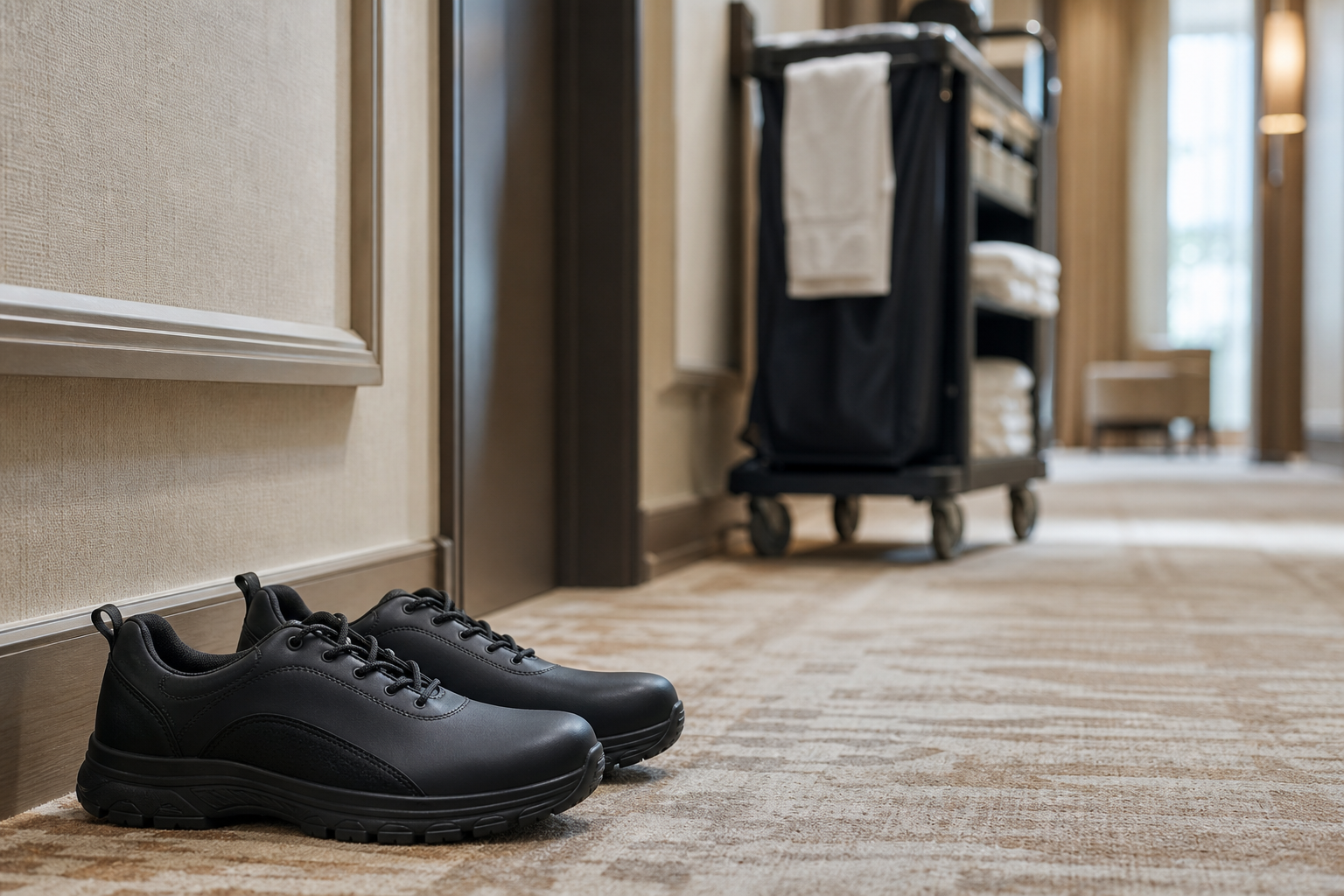 Chaussures de travail confortables et discrètes posées près d'un chariot de ménage d'hôtel