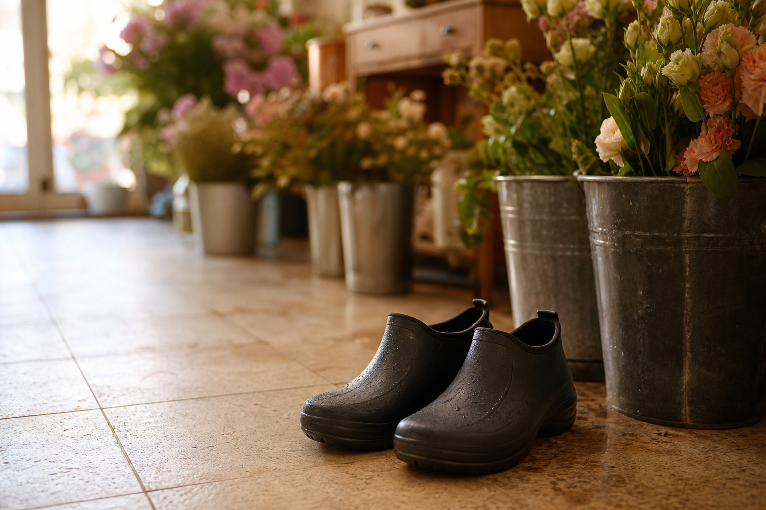 Chaussures confortables et imperméables posées sur le sol d'une boutique de fleuriste près de seaux d'eau