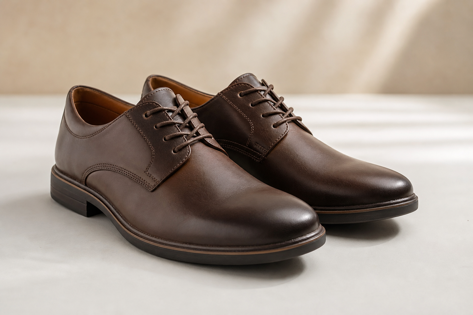 Chaussures homme en cuir marron à bout large posées sur un fond neutre