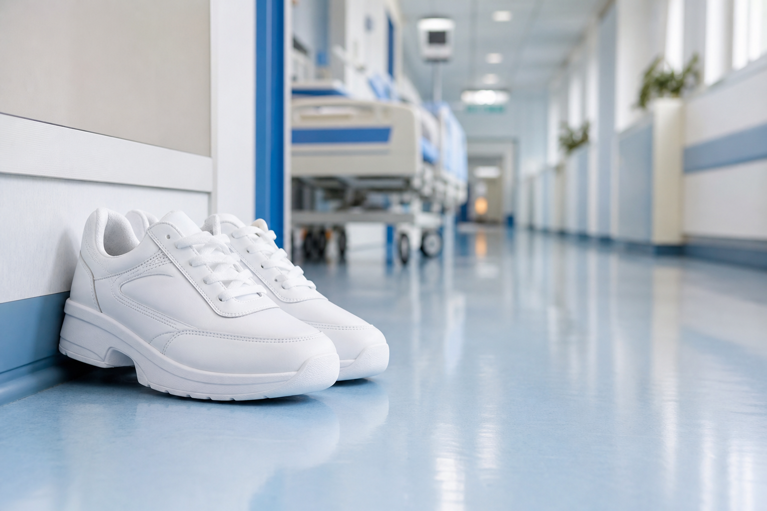 Chaussures médicales blanches confortables et antidérapantes posées dans un couloir d'hôpital