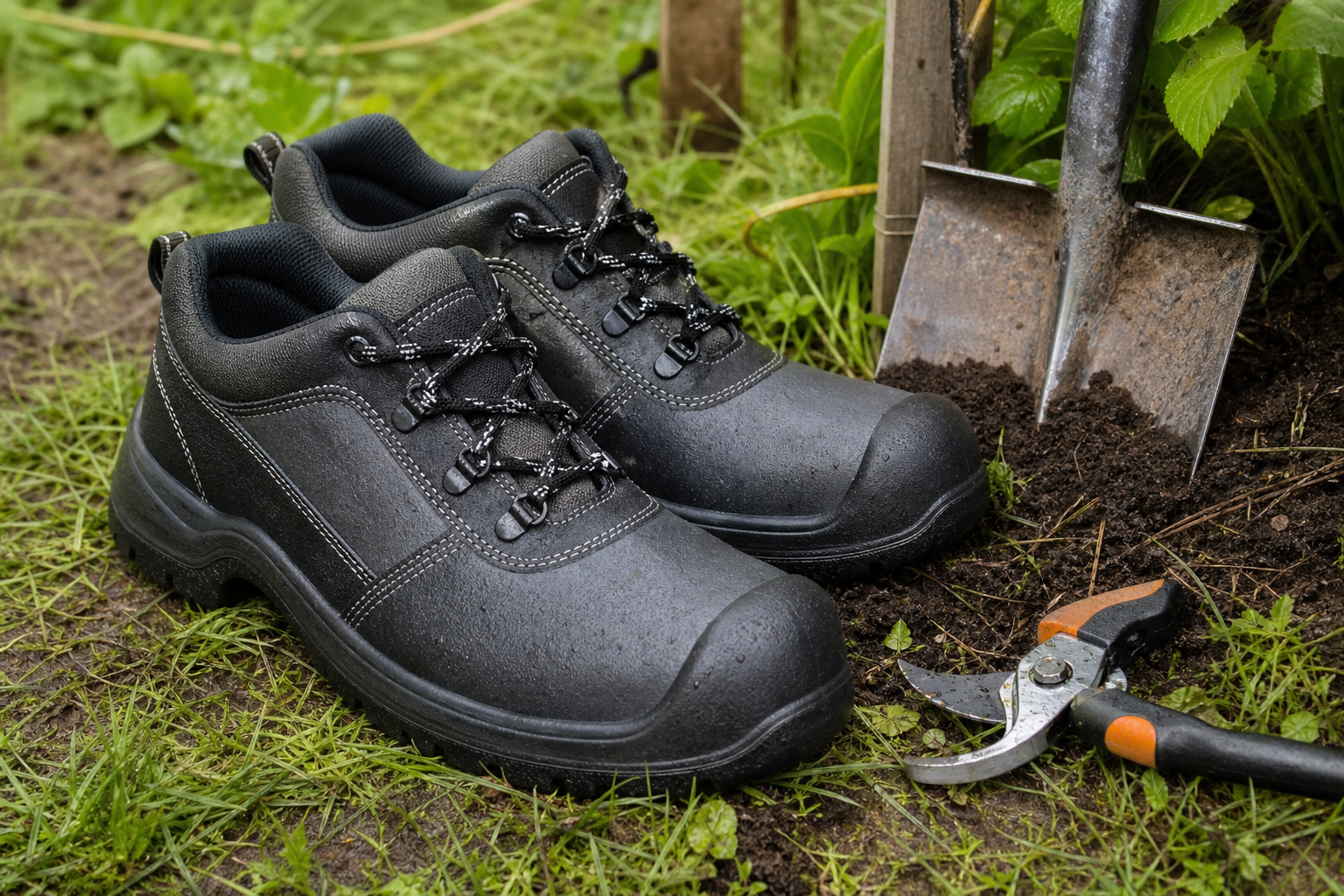 Chaussures de sécurité imperméables posées près d'outils de jardinage dans l'herbe humide