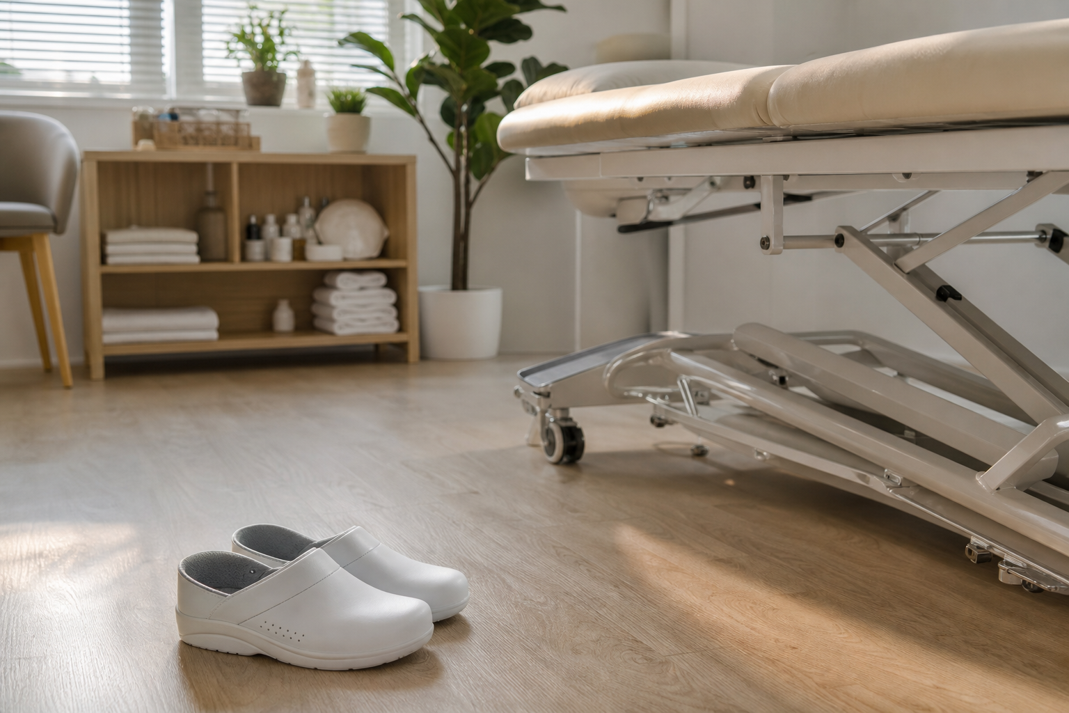 Chaussures silencieuses et confortables posées près d'une table de massage en cabinet