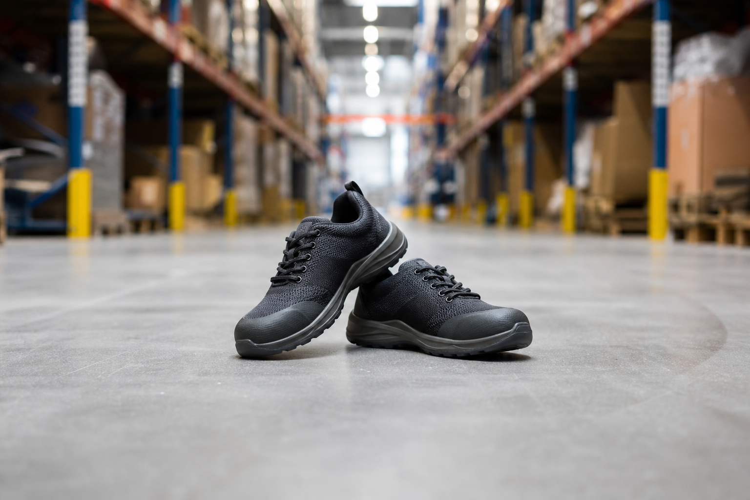 Chaussures de sécurité légères posées dans une allée d'entrepôt entre des rayonnages