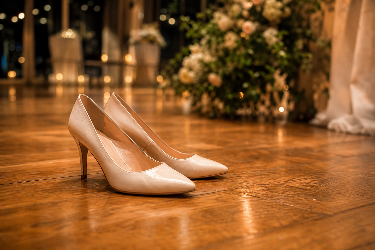 Escarpins élégants de mariage posés sur un parquet de salle de réception