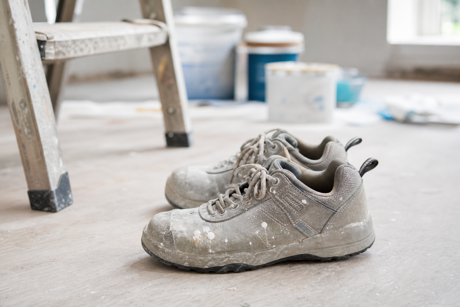 Chaussures de travail légères et souples posées près d'un escabeau et de pots de peinture