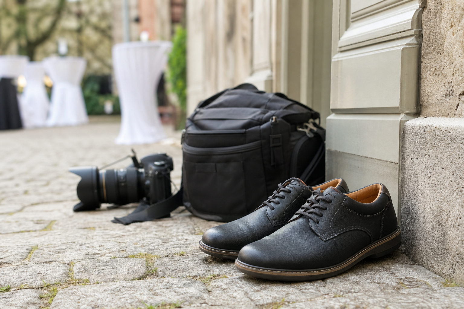 Chaussures sobres et confortables posées près d'un sac photo et d'un appareil sur un sol extérieur