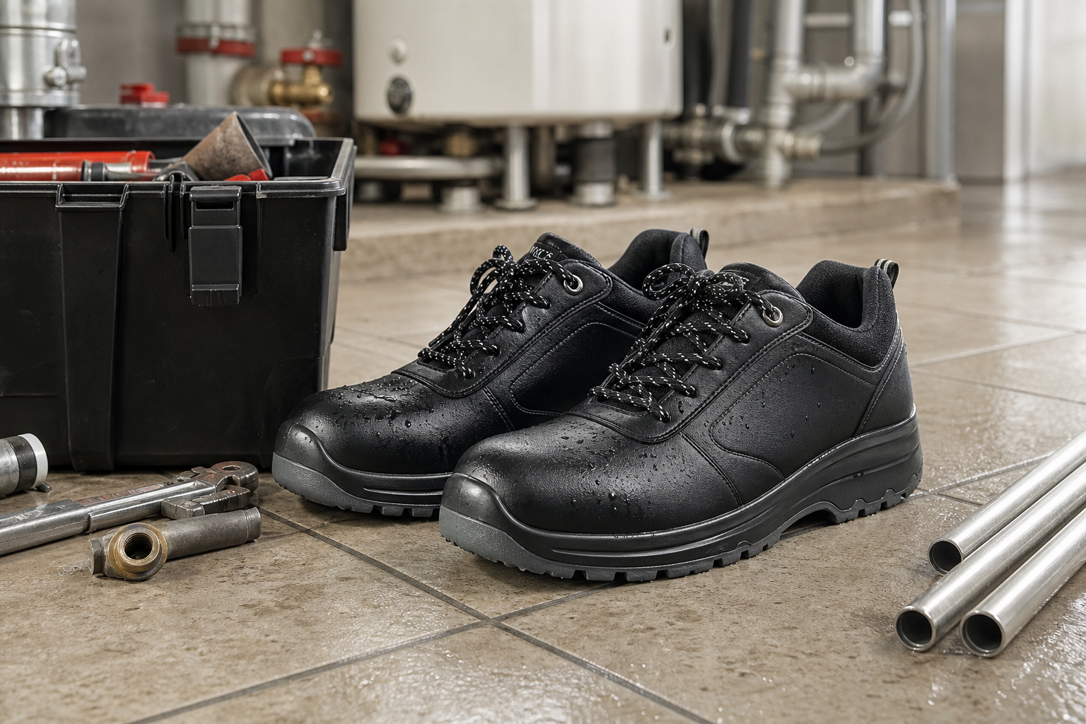Chaussures de sécurité imperméables posées près d'une caisse à outils de plomberie et de tuyaux